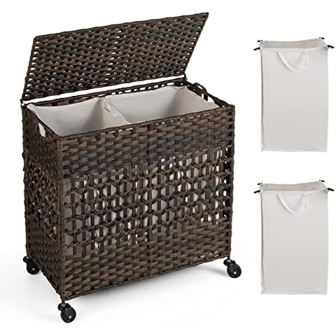 Multigot 2 Section Rattan Laundry Basket with Wheels Cover