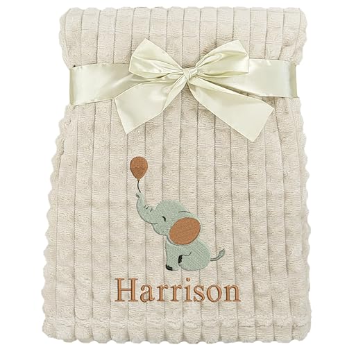 Personalised Baby Blanket Embroidered Elephant & Name Soft Fleece Wrap (Brown Elephant Beige Squares)
