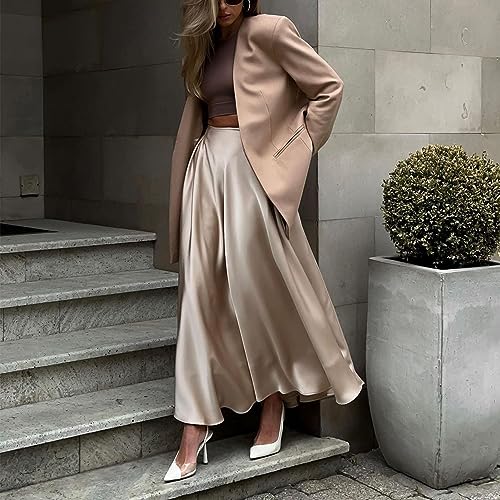 Jupe longue taille haute polyester satin fluide grand ourlet été #2 - 4