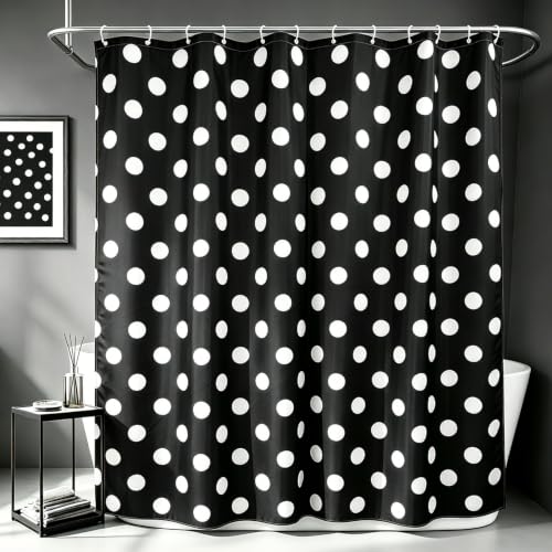 Polka Dots Shower Curtain, Black White Waterproof Fabric Shower Curtain for Bathroom with Modern Abstract Geometric Circle Bath Curtain Decor with Hooks, Machine Washable, 60''Wx72''L