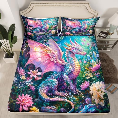 Juego de sábanas ajustables de 3 piezas tamaño King, diseño de dragón exótico, juego de sábanas transpirables (sin sábana superior), hojas de flores rústicas con bolsillo profundo, cama de cristal