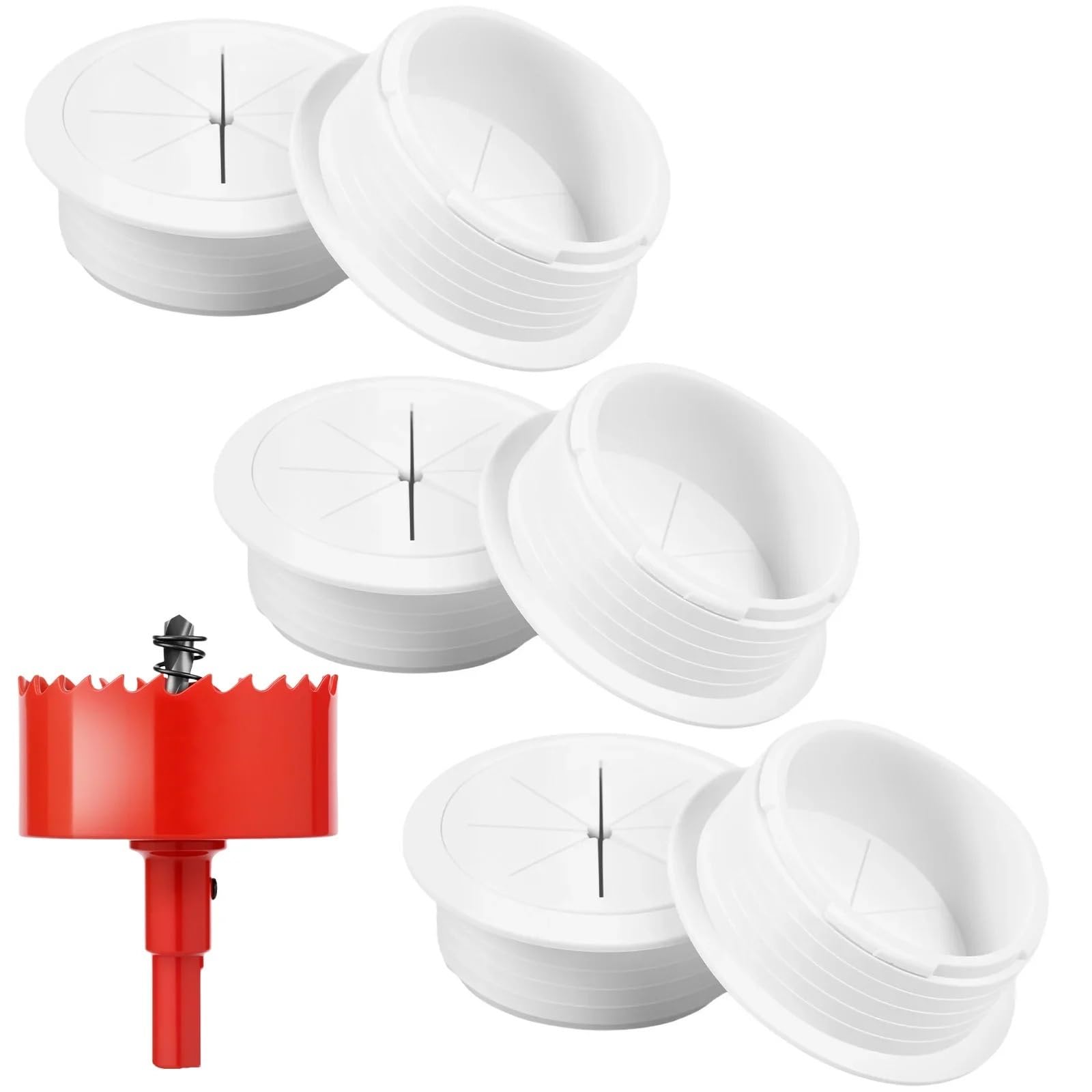 Desk Cable Grommet 60mm Hole Saw Drill Bit & 6 Pcs Round Desk Cable Cover, Covers,Plastic Cord Computer Wire Grommets