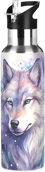 Wolf Watercolor Water Bottle Kids Boys Girls Insulated Stainless Steel Hot Cold Water Flask with Straw Lid for Sports Gym Running 20 oz