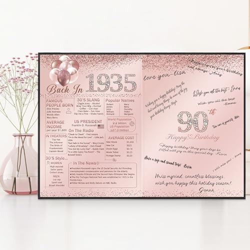 Image of Vlipoeasn 90th Birthday Party Guest Book for Women, Creative 1935 Poster Sign in Book, Pink and Black Back in 1935 Signature Book, 90 Year Old Birthday Party Decorations Centerpieces Supplies