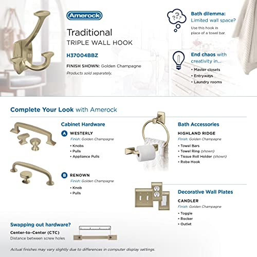 Image of Amerock Vicinity Triple Prong Golden Champagne Wall-Mounted Hook | Decorative wall hook in durable zinc construction for coats, hats, bags, towels, and everyday organization