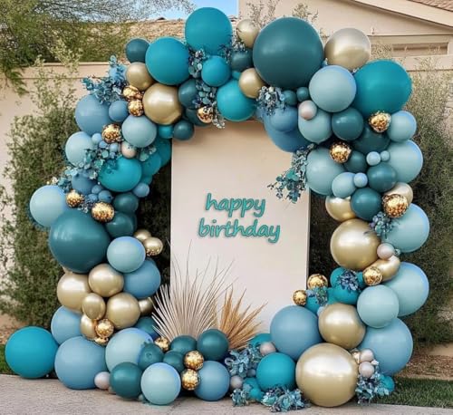 Image of Teal Blue Gold Balloons Double Stuffed Latex Dusty Blue Turquoise Balloon Different Sizes Teal Gold Balloon Garland for Birthday Wedding New Year Anniversary Baby Shower Ocean Party Decor