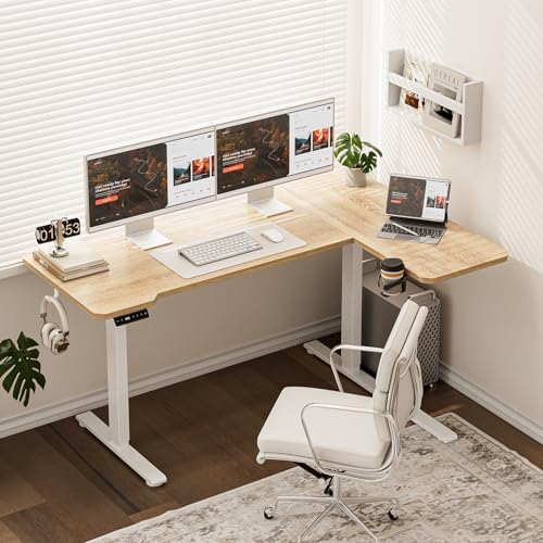 Image of Acrolix L Shaped Electric Standing Desk - 51x31.5 Inch Reversible Corner Sit Stand Desk with Hook&Cup Holder,Electric Height Adjustable Table,for Small Home Office&Bedroom Computer Desk, Oak
