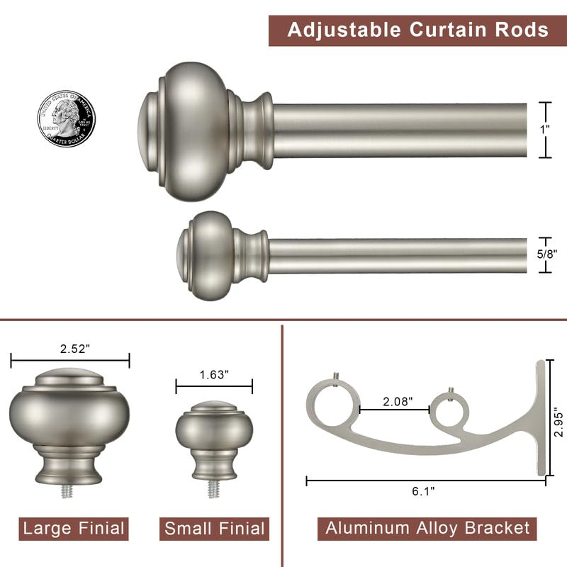 Doppel-Gardinenstangen aus gebürstetem Nickel, 71,1 bis 122,9 cm, dekorative Doppelfensterbehandlungsstange mit Urnen-Endstücken, Teleskop-Doppelstangen-Gardinenstangen, 2,5 cm vorne und 1,6 cm hinten