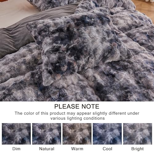 Image of EMME Faux Fur Duvet Cover King Size, 3 Pieces Ultra Soft Fluffy Comforter Cover, Cozy Warm for Winter, Luxury Shaggy Bubble Design Bedding, 1 Duvet Cover & 2 Pillow Shams (King, Tie Dye Dark Grey)