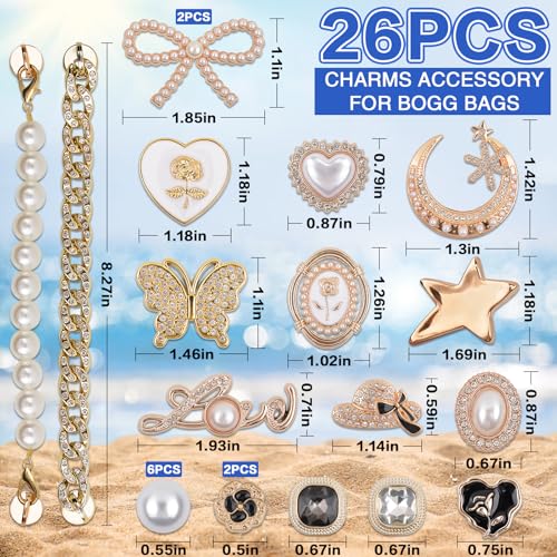 Image of yuboo Charms for Bogg Bag, 26Pcs Accessories Butterfly Bow Pearl Chain DIY Cute Decoration Bag Charm for Bogg Bag Rubber Tote Fall Bags Decoration Charms for Girls Women
