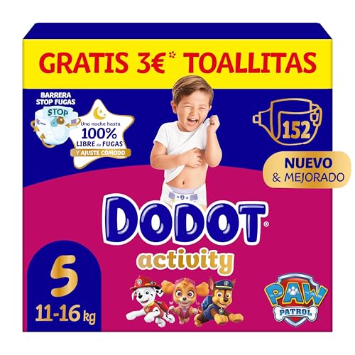 Dodot Pañales Bebé Activity, Talla 5 (11-16 kg), 152 Pañales, Hasta 12h de Protección Antifugas y Ajuste, Pack Mensual