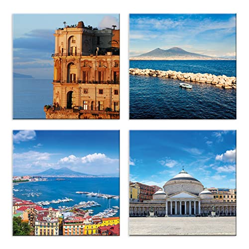 LuxHomeDecor Quadri napoli vesuvio 4 pezzi 30x30 cm Stampa su Tela con Telaio in Legno arte arredo