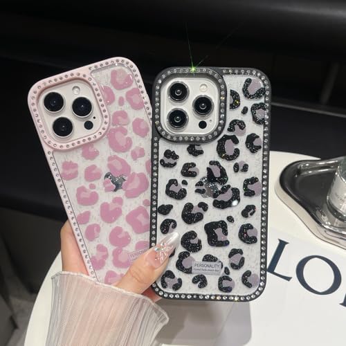 Coque iPhone 15 Pro Max rigide léopard rose pailletée chic pour fille - 3