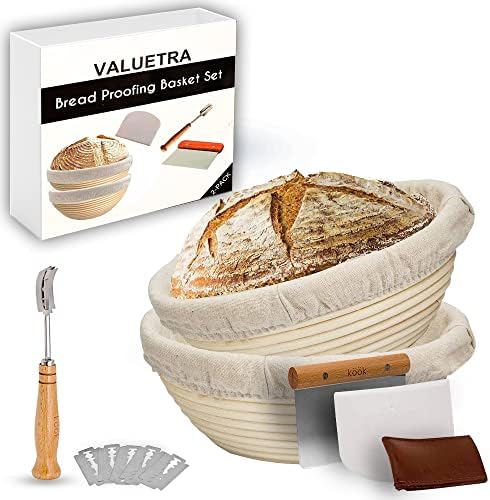 VALUETRA - (Set of 2) - 9 Inch Banneton Bread Proofing Basket Round with Liner Cloth - Set of 2 + Metal Scraper, Plastic Scraper, Premium Bread Lame with 5 Blades and case, Baking Bowl for Sourdough