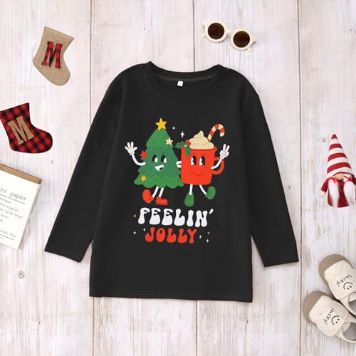 Image of Kids Christmas Shirts Girls Boys Feelin Jolly Long Sleeve T-Shirts Xmas Tree Hot Cocoa Graphic Tee Holiday Fall Tops
