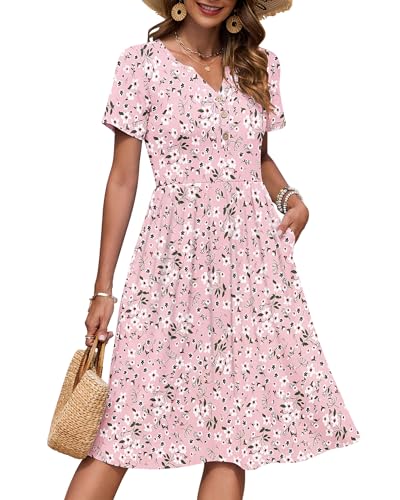 AUSELILY Damen Kurzarm Sommerkeider Knielange Sommer Kleider V-Ausschnitt mit Knöpfen Empire Midikleid mit Taschen Blumenrosa M 2