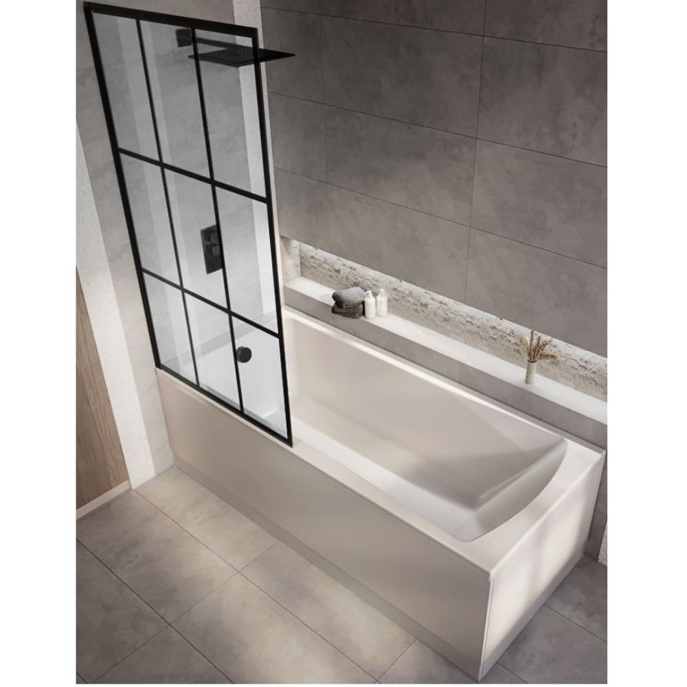 Milano Elswick White 1700mm x 700mm Single Ended Square Shower Bath Black Grid Screen Panels