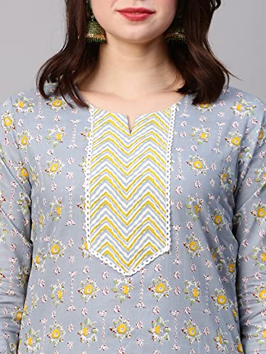 Image of GoSriKi Women's Cotton Blend Printed Straight Kurta with Pant (Mikaa Grey-Nw-GS)