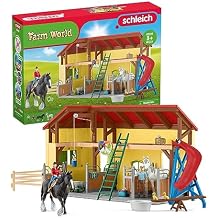 Schleich FARM WORLD - 82 PC Horse Stable Playset with Farmer, Horse and Rider Figurines - Functional Barn & Stable Playsets - Animal Family Care Adventures - Kids Ages 3+ | 42485