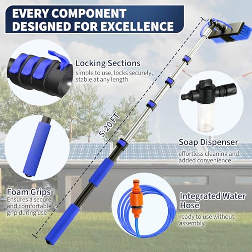 Image of 20FT Water Fed Solar Panel Cleaning Kit, Telescopic Solar Panel Cleaning Brush with Extension Pole & Soap Dispenser for Household & Outdoor