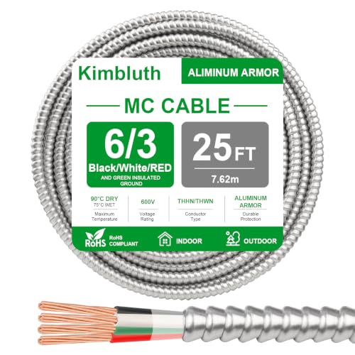 6/3 Metal Clad (MC) Cable with Ground 25ft, 6 Gauge Electric Wire with Aluminum Armor, Solid Bare Copper Conductors for Indoor Outdoor Underground Embedded Installation (6/3, 25 FT)