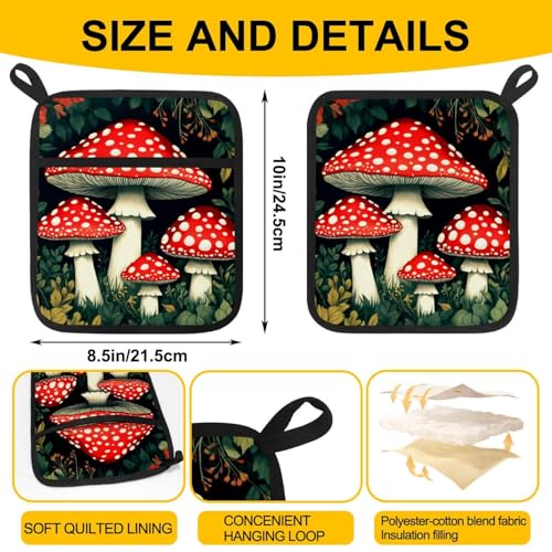 Soportes para ollas de hongos rojos con bolsillos prácticos y forro de algodón resistente 4