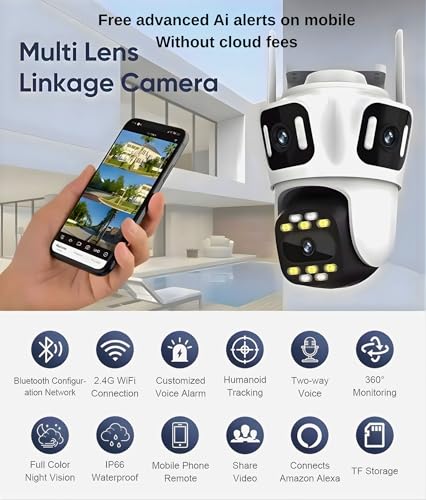 Image of TechEase 12MP Triple Lens WiFi CCTV Camera | 4+4+4MP Triple View | Color Night Vision | AI Human Detection | 2-Way Audio | SD 256GB | Cloud | IP68 | TE-Tr1