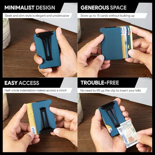 Image of Minimalist Wallet for Men, Slim Metal RFID Blocking Wallet Credit Card Holder Money Clip & Cash Strap, Scratch-Resistant Holds 15 Cards,Ideal Gift for Men | Matte Navy