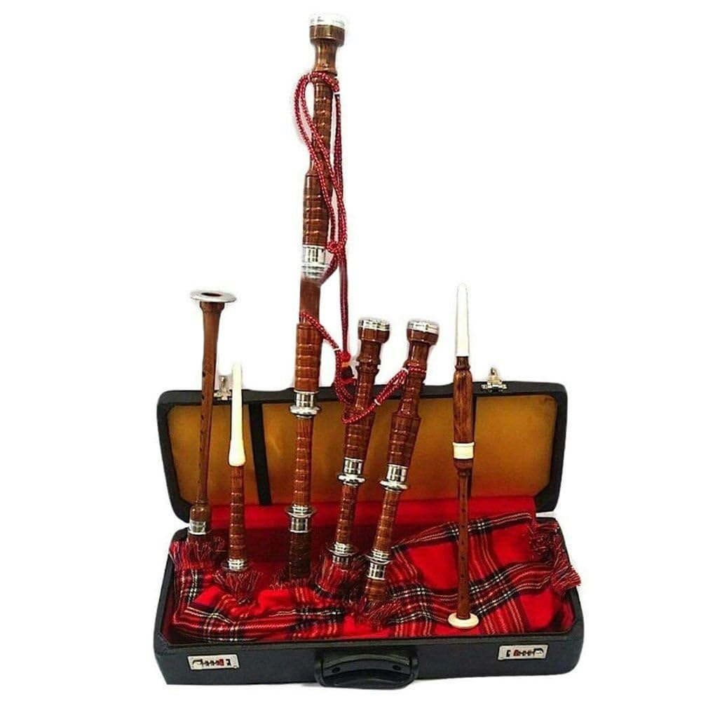 Toller schottischer Highland-Dudelsack mit Royal Stewart-Schottenkaro-Abdeckung und Zubehör, spielbarer Dudelsack mit braunem Finish, silberfarbene Halterungen, inklusive Tutorenbuch