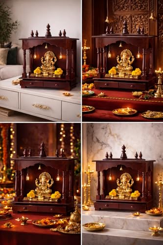 Image of Sheesham Wood Temple Solid Wood Classic Wooden Temple for Home, Office Pooja Mandir with 1 Drawer for Storage Home Decoration | Wall Devghar