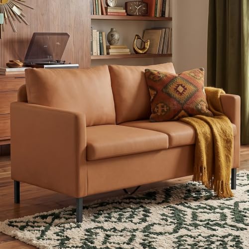 Image of TYBOATLE Brown Faux Leather Small Couch Loveseat, 2-Seater for Living Room | Love Seat, Mini Couch, Small Sofa, Modern Upholstered Design, Bedroom, Dorm, Apartment, Office, Compact Spaces