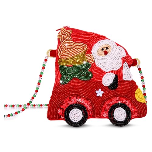 NVENF Christmas Purse Crossbody Bag for Women Beaded Christmas Tree Reindeer Boot Shoulder Bag Holiday Accessories Gifts