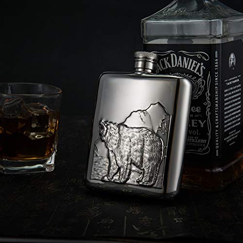 Image of Hip Flask with Funnel, All 18 /8 304 Food Grade Stainless Steel Curved Pocket Flask for Liquor | 6 OZ Capacity | Gift Boxed (Bear)