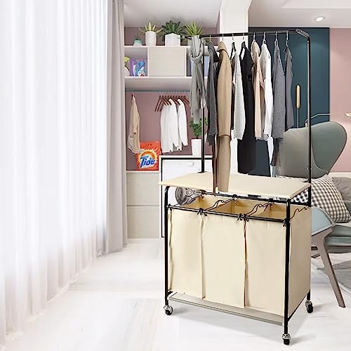 Myoyay 3 Section Laundry Sorter With Garment Hanging Bar Rack Foldable Ironing Board, Laundry Basket Organizer Heavy Duty Laundry Hamper Rolling Cart With Lockable Wheels And 3 Removable Bags #TOP7