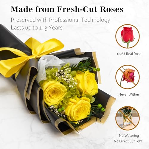 Image of Flower Bouquet Gifts for Women, Flowers for Delivery Prime, Preserved Roses Flower Gifts for Women, Valentines Flowers, Mom Gifts from Daughter Son, Birthday Gifts, Real Roses,Yellow Roses