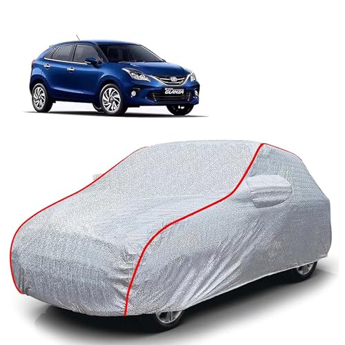 Image of Sulfar 100% Waterproof Car Body Cover Compatible with Mirror for Toyota Glanza(Baleno) (Triple Stitched, Full Bottom Elastic, Magic Silver with Red Piping)
