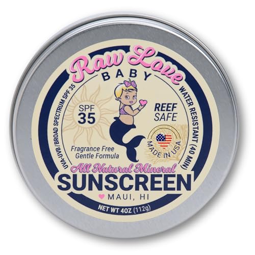 Image of Raw Love Baby Sunscreen 0-6 Months & Up | Babies, Infant, Toddler, Kids Natural Mineral Sunscreen | Sensitive Skin, Fragrance Free Zinc Oxide SPF 35+ | No Chemicals, Reef Safe, Water Resistant | 4 Oz