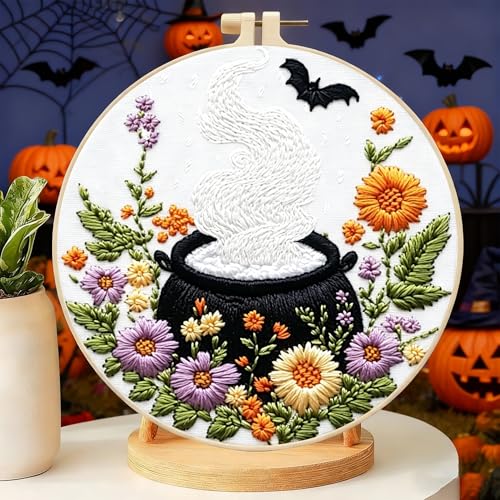 Image of Zhenqing Halloween Cauldron Embroidery Kit for Beginners, Magic Pot Witch Decor Needlework Kit with Pre-Printed Cotton Fabric, Hoop, Threads & Tools, Spooky DIY Wall Art (C0120)