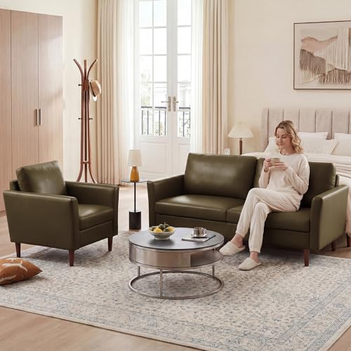 Image of Kingfun 2 Piece Faux Leather Sofa Set, Mid Century Modern Living Room Furniture Set with 3-Seater Sofa and Loveseat, Small Leather Couch with Solid Wood Frame for Bedroom and Office, Olive Green