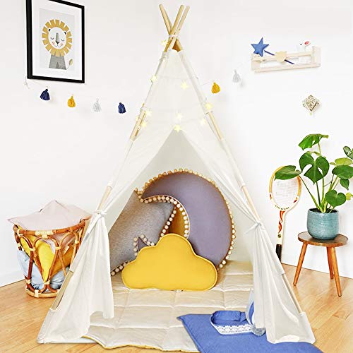 ATDAWN Teepee Tent for Kids with Star Fairy Lights, Natural Cotton Canvas Foldable Kids Teepee Play Tent Playhouse Toys for Kids Child Indoor Outdoor Play