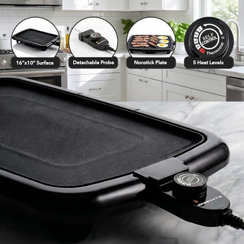 Image of OVENTE Electric Griddle with 16 x 10 Inch Non-Stick Plate, Black GD1610B | Removable and Adjustable Temperature Control, Indoor Grill perfect for Instant Breakfast, Pancakes, Eggs or Burgers