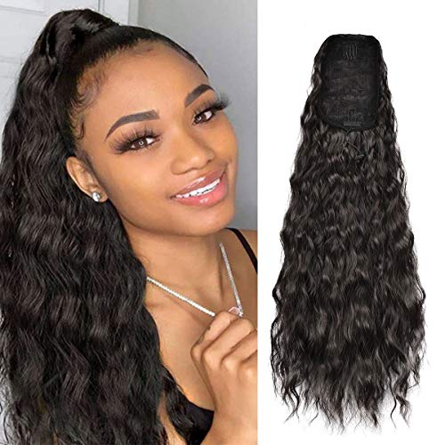 Sidaila 22 Inch Long Curly Drawstring Ponytail Hair Extensions Synthetic Corn Wave Ponytail Hairpieces for Black Women (Dark Brown )