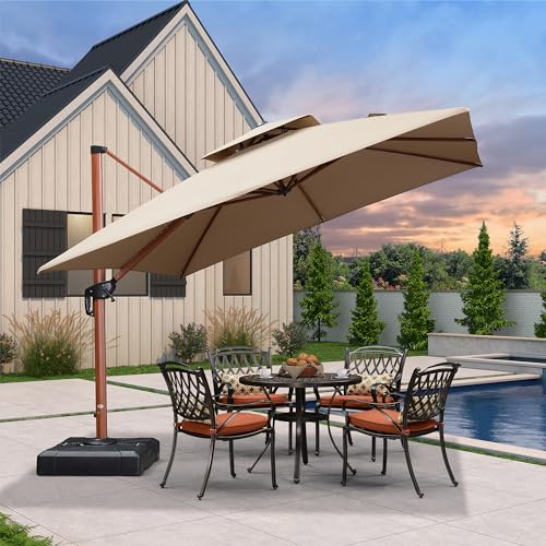 PURPLE LEAF 10 Feet Double Top Deluxe Wood Pattern Square Patio Umbrella Offset Hanging Umbrella Cantilever UmbrellaOutdoor Market Umbrella Garden Umbrella, Heather Beige