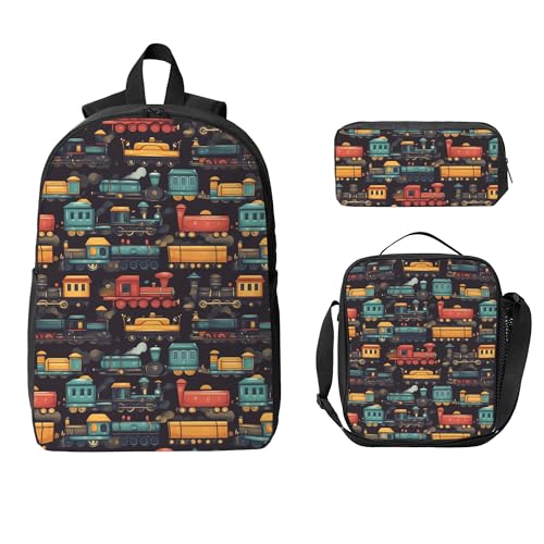 Mochila escolar para crianças, meninas, meninos, adolescentes, 3 peças, com lancheira, conjunto de estojo de lápis, bolsa leve, Trem, Medium, Personalizado