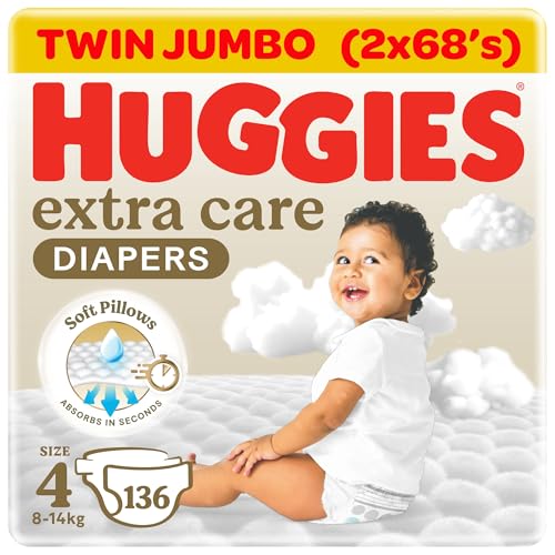 Huggies Extra Care Baby Diapers Size 4 (8 - 14 kg) Twin Jumbo Pack of 136 Diapers Soft Pillows Absorb in Seconds Absorbent Channels and Stretchy Waistband 12h Day & Night Protection