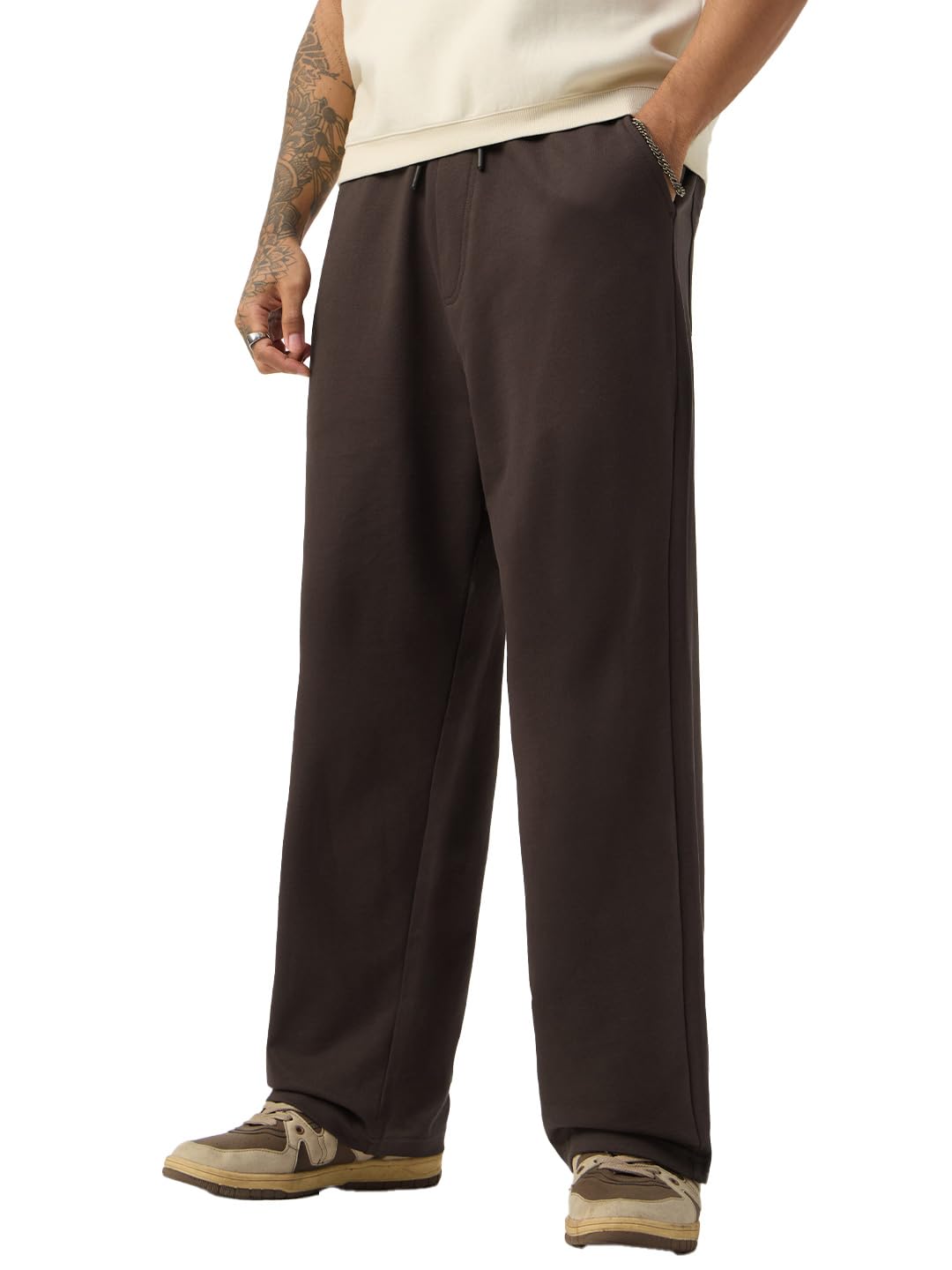 The Souled Store Korean Joggers: Dark Ash Men and Boys Elastic Waistband Dark Grey Solid Cotton Fleece Relaxed Fit Lightweight Everyday Korean Joggers-image-48