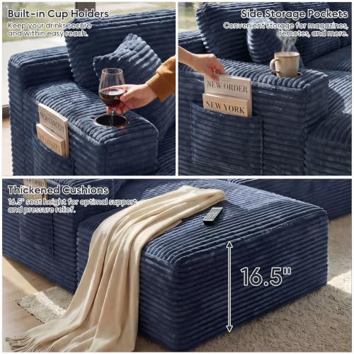 Image of 133 inch Oversized Cloud Boneless Sofa Couch with Chaise, Modern Corduroy U Shaped Modular Sectional Sofa with Deep Seat, Comfy Couch with Cupholders and Storage, No Assembly Required-Blue