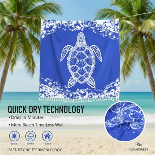 Image of Yongoes Oversized Turkish Beach Towel Blanket Cotton Giant XL Sandproof Towels Huge Linen XXL Extra Large Big Throw Quilt Blankets for Adults Blue Turtle
