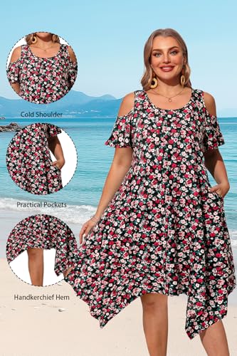 Image of Pinup Fashion Plus Size Summer Sundress Casual Flowy Cold Shoulder Dress | Breathable, scoop neck, handkerchief hem, side pockets, casual swing dress for beach, vacation,daily wear