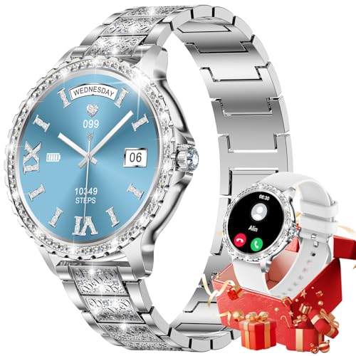 CHOOSETIME Elegante Reloj Inteligente Mujer con Diamantes, 1.32' Smartwatch con Ciclo Menstrual/Frecuencia Cardíaca/Sueño Monitor para Android iOS, 500+ Esfera, 100+ Sport, 2 Correas, Plateado